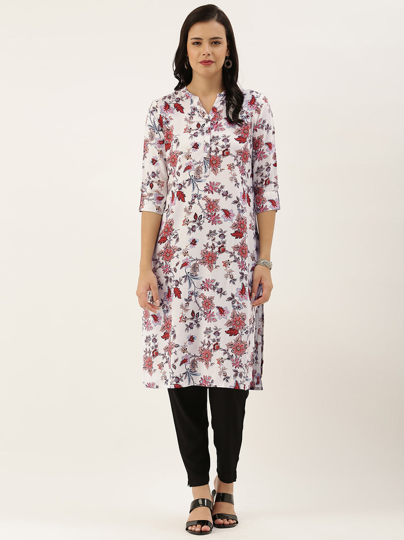 White Pink Floral Printed Kurta