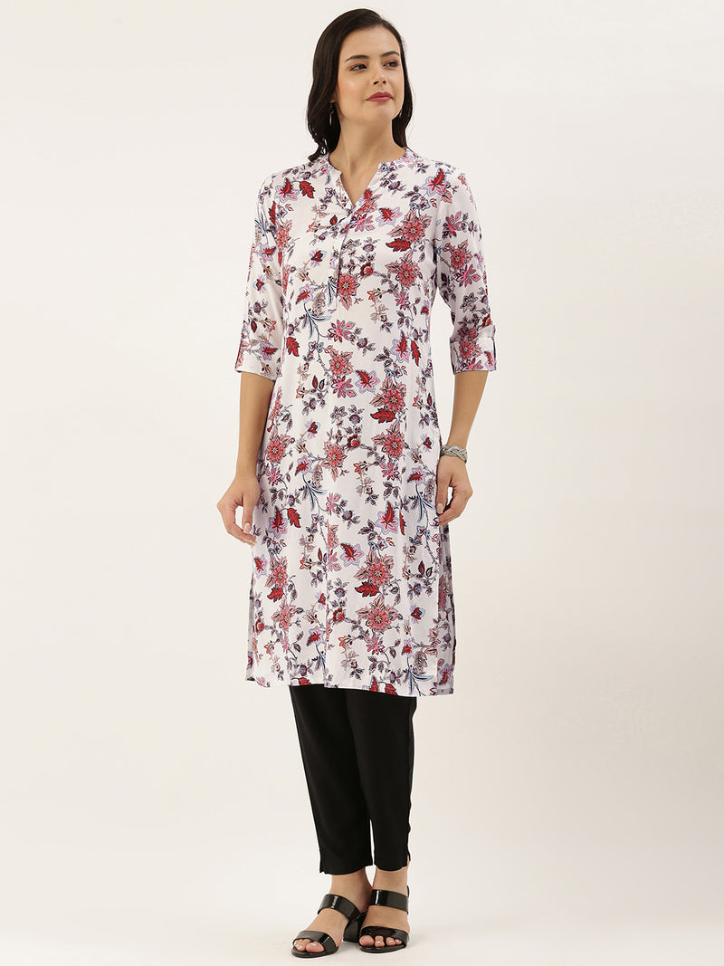 White Pink Floral Printed Kurta