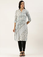 White & Blue Floral Printed Kurta