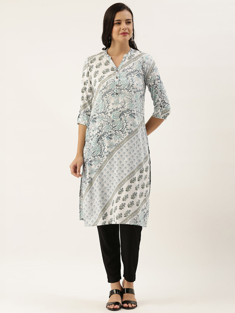 White & Blue Floral Printed Kurta