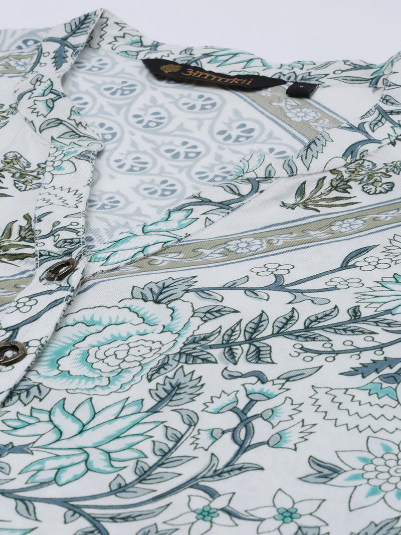 White & Blue Floral Printed Kurta