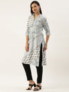 White & Blue Floral Printed Kurta