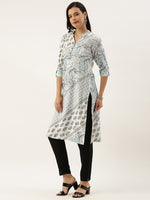 White & Blue Floral Printed Kurta