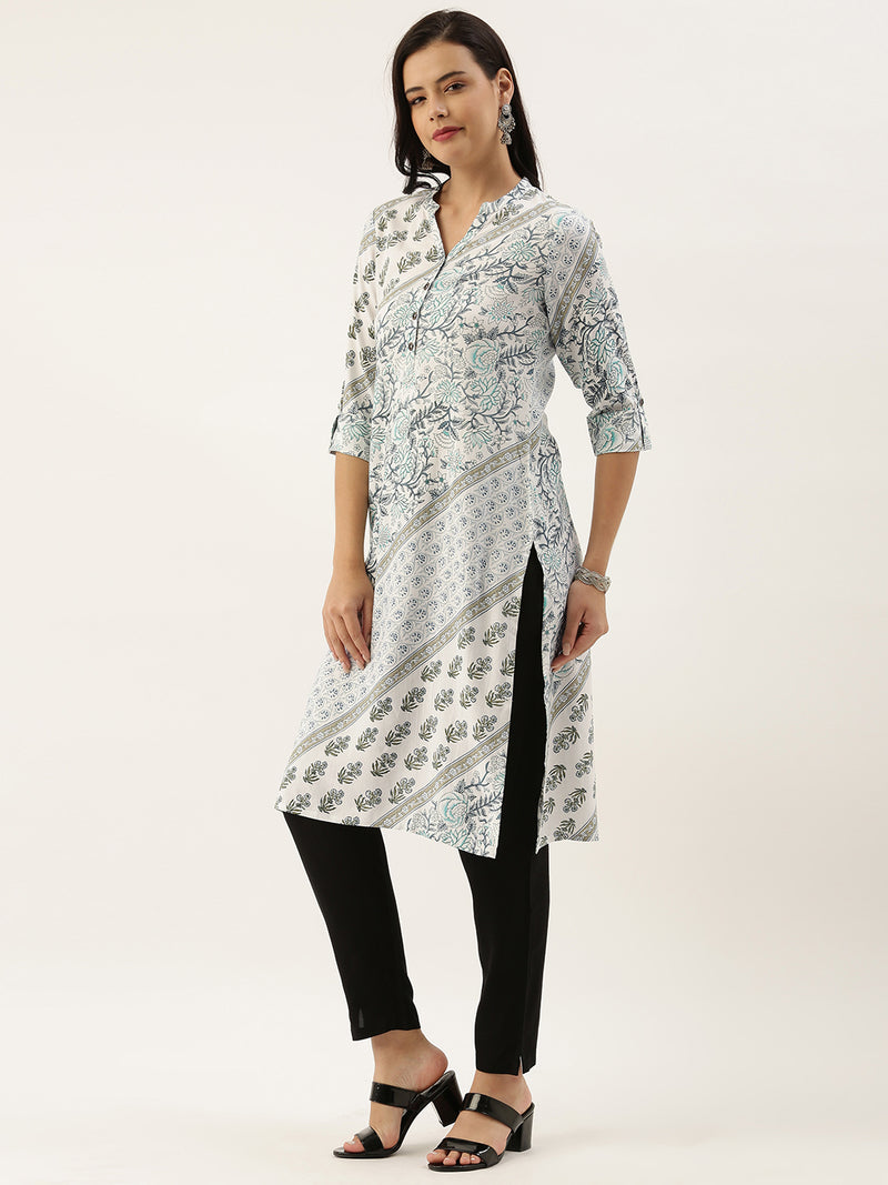 White & Blue Floral Printed Kurta