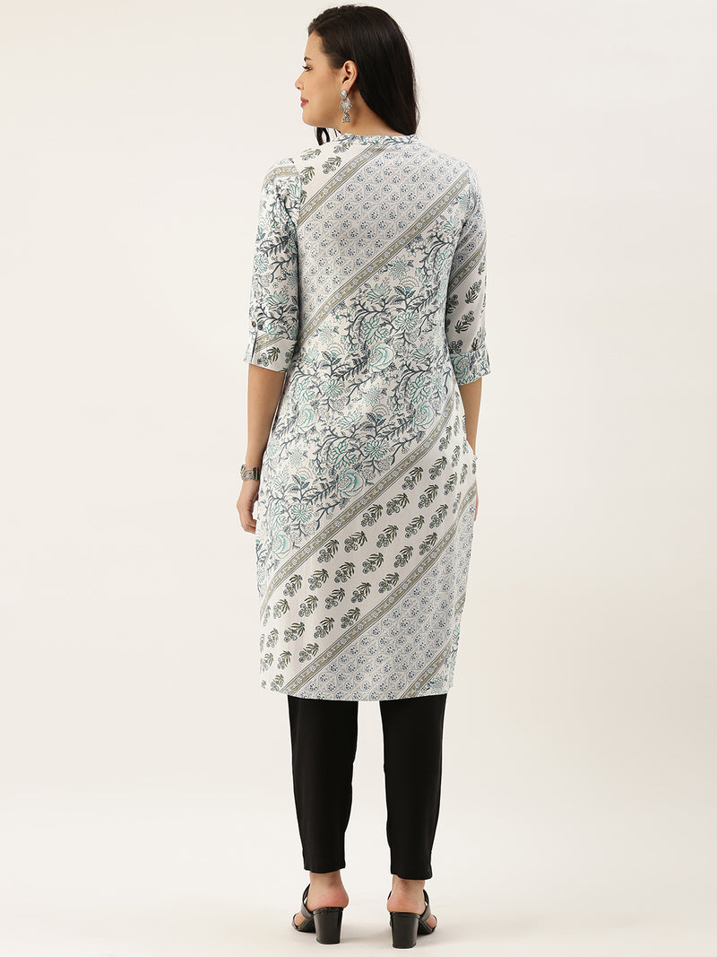 White & Blue Floral Printed Kurta