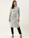 White & Blue Floral Printed Kurta