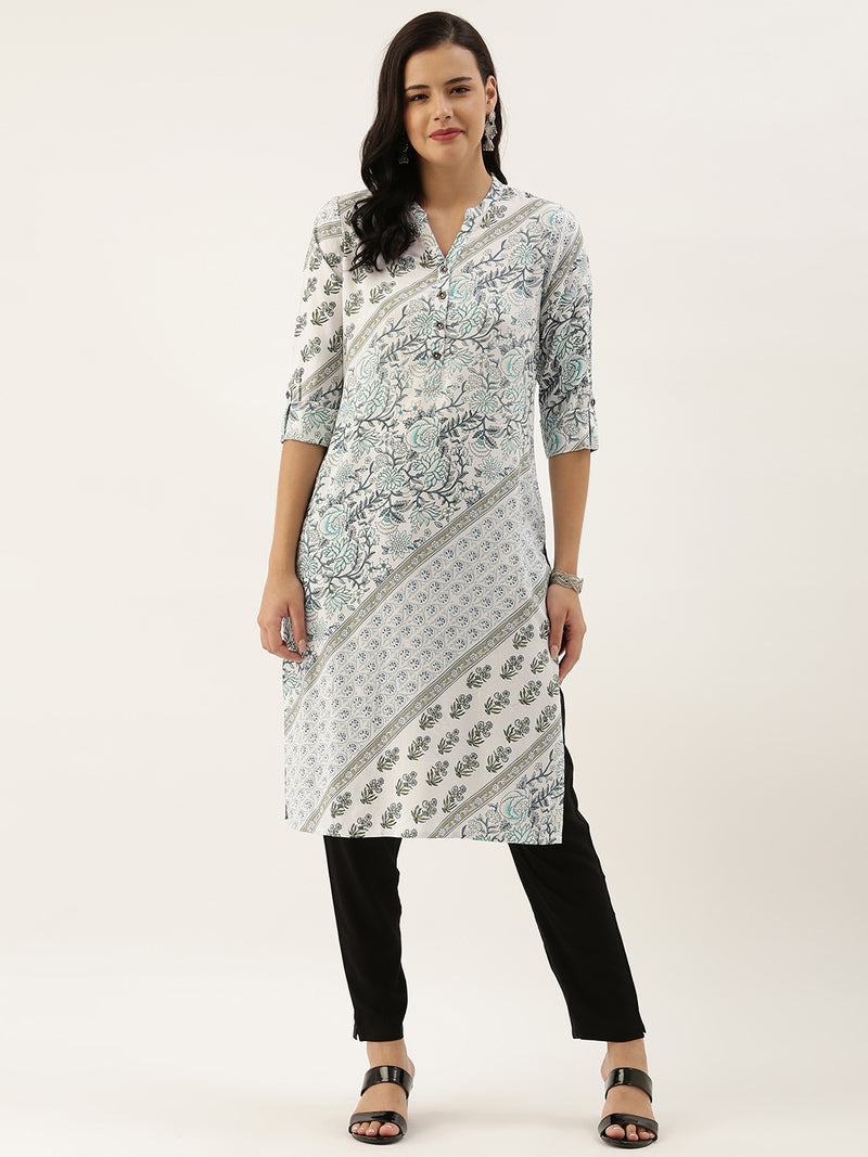 White & Blue Floral Printed Kurta