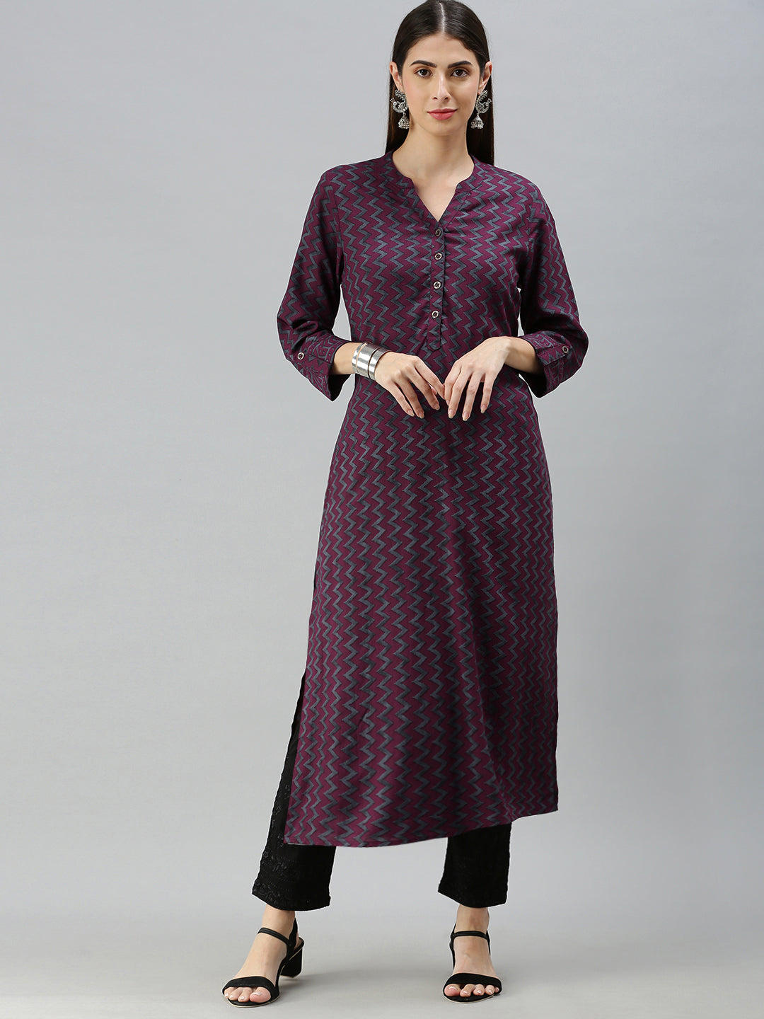Maroon & Grey Chevron Printed Kurta