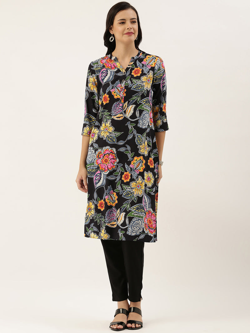Black Floral Printed Kurta