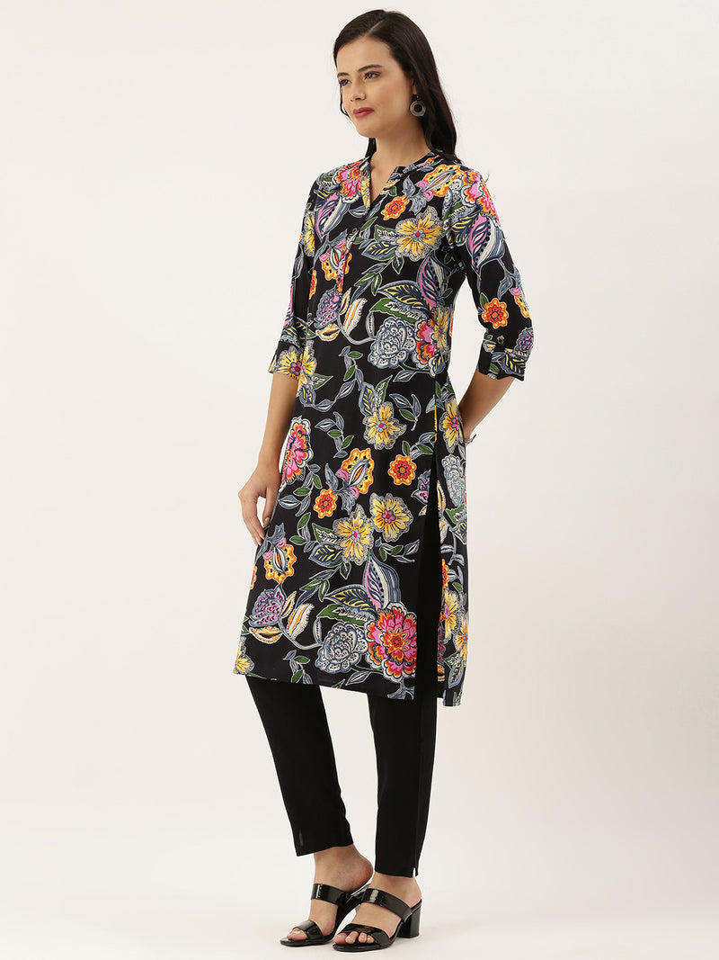 Black Floral Printed Kurta