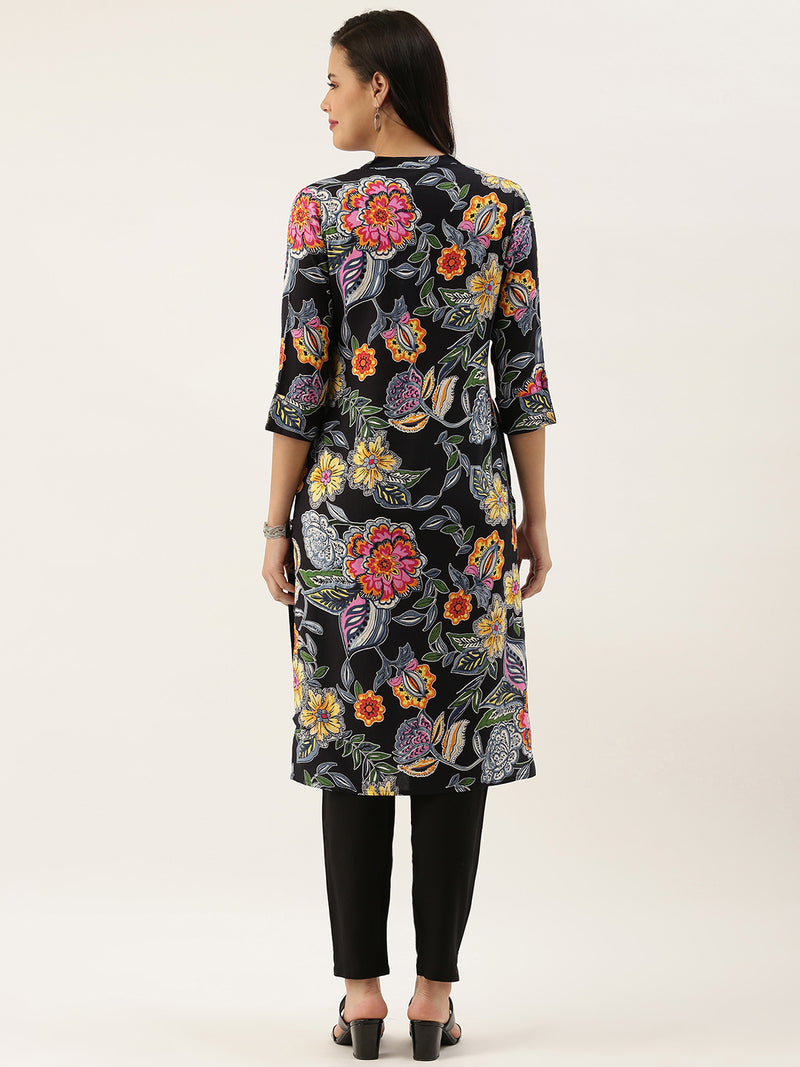 Black Floral Printed Kurta