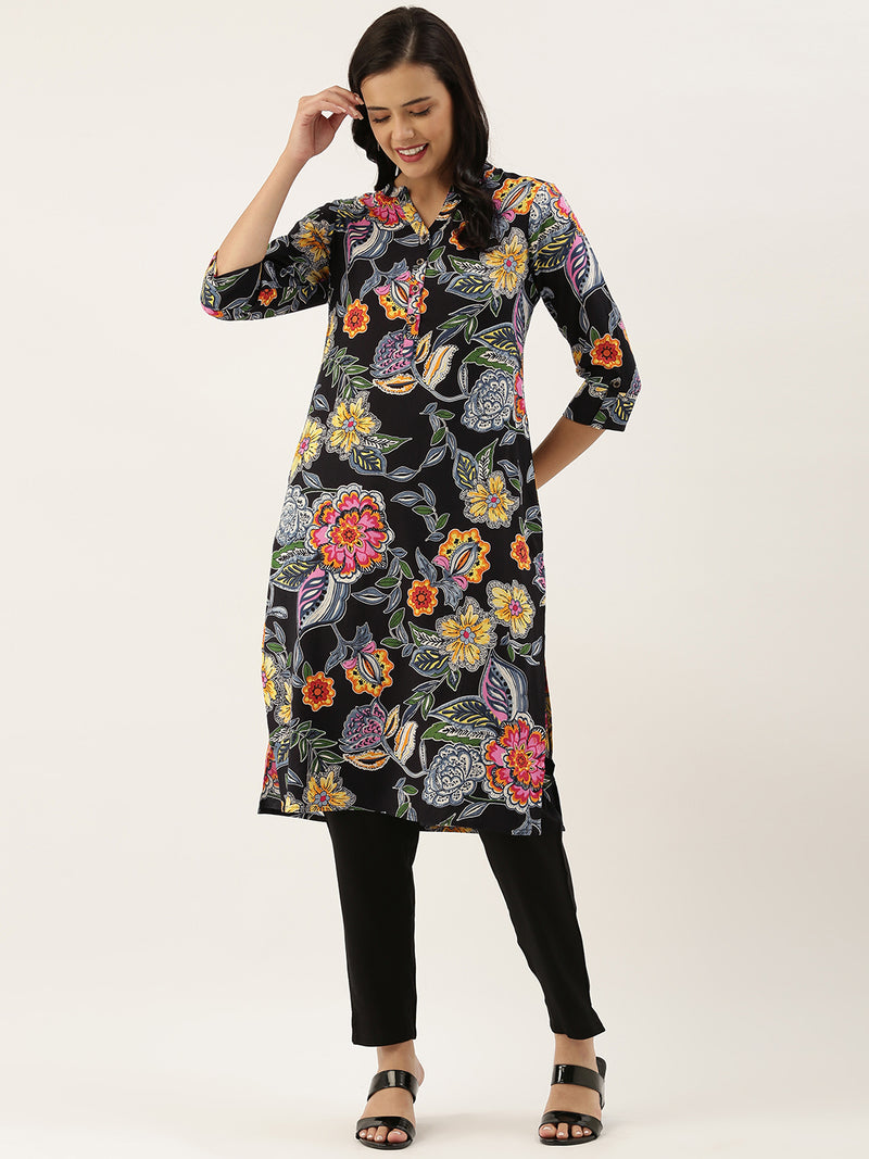 Black Floral Printed Kurta