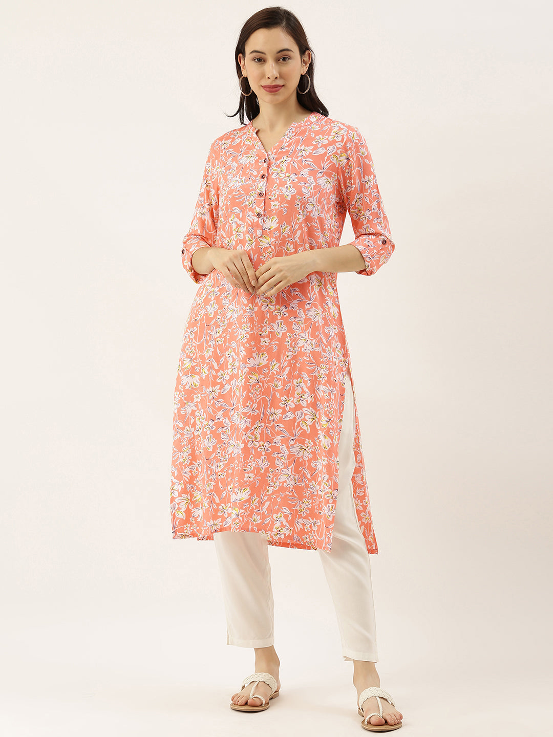 Peach- Coloured & White Floral Printed Kurta
