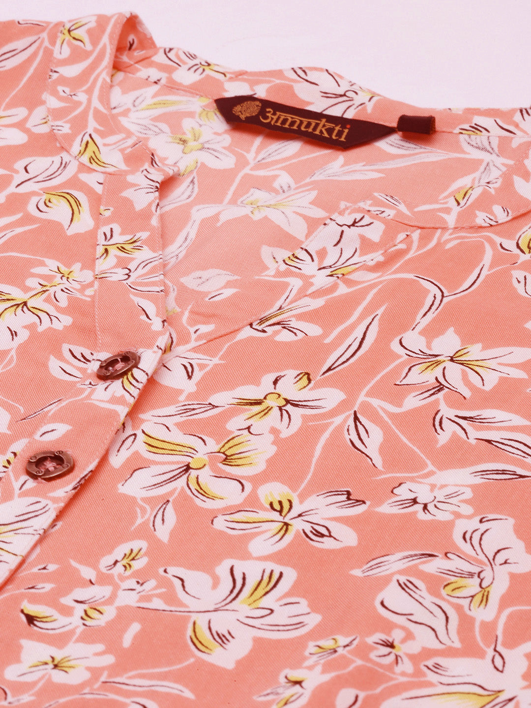 Peach- Coloured & White Floral Printed Kurta