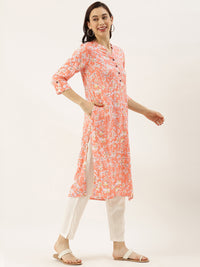 Peach- Coloured & White Floral Printed Kurta