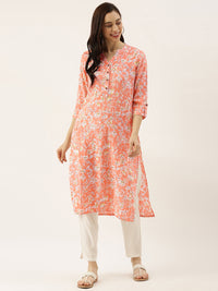 Peach- Coloured & White Floral Printed Kurta