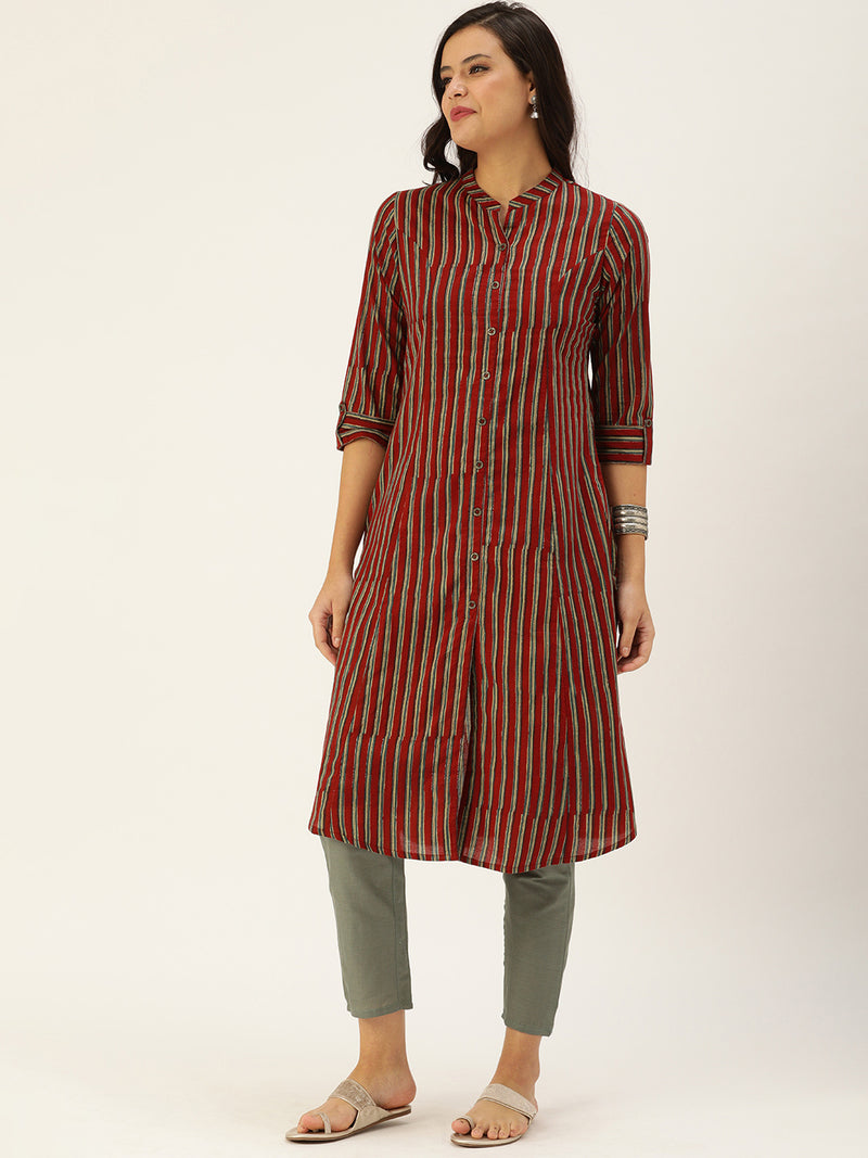 Maroon & Navy Blue Striped Kurta