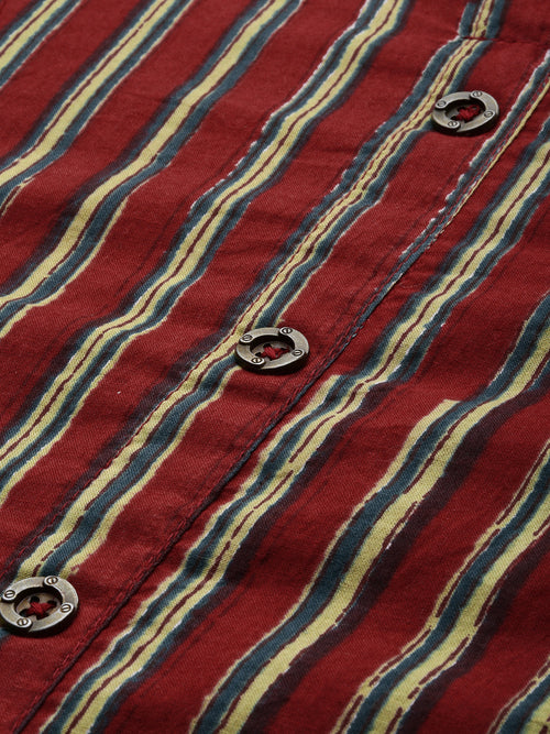 Maroon & Navy Blue Striped Kurta