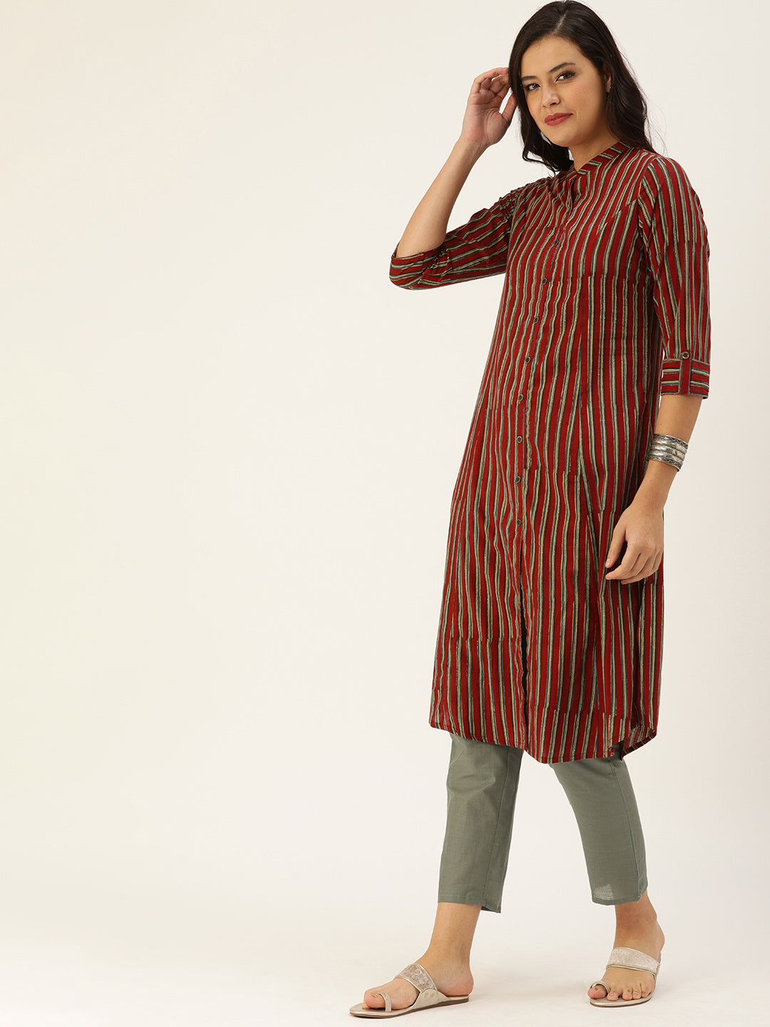 Maroon & Navy Blue Striped Kurta
