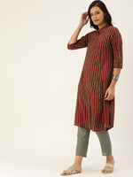 Maroon & Navy Blue Striped Kurta