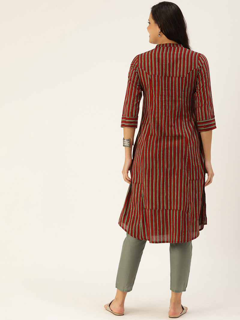 Maroon & Navy Blue Striped Kurta