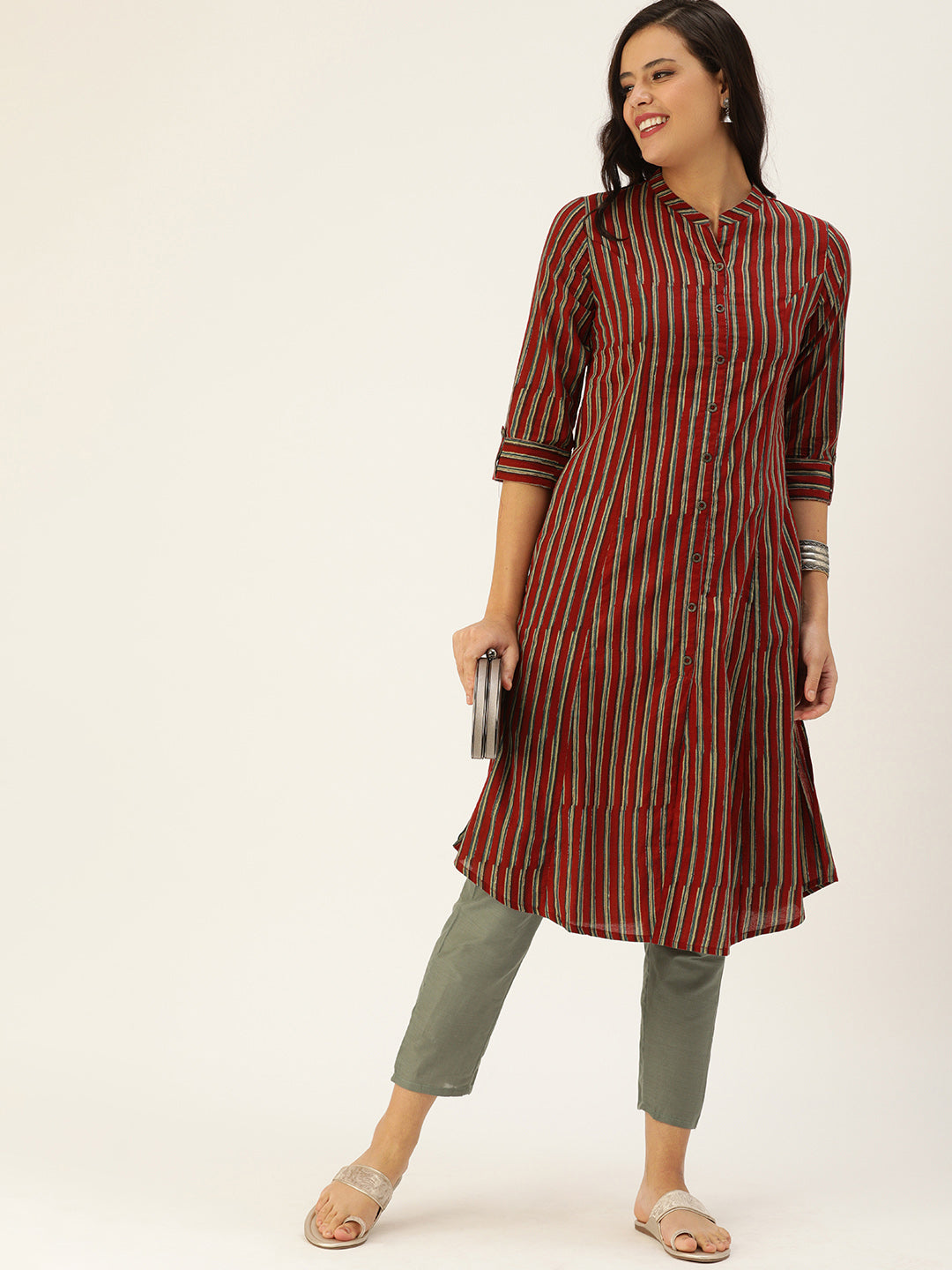 Maroon & Navy Blue Striped Kurta