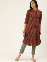 Maroon & Navy Blue Striped Kurta