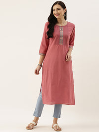Pink Cotton Chambray Embroidery Kurta