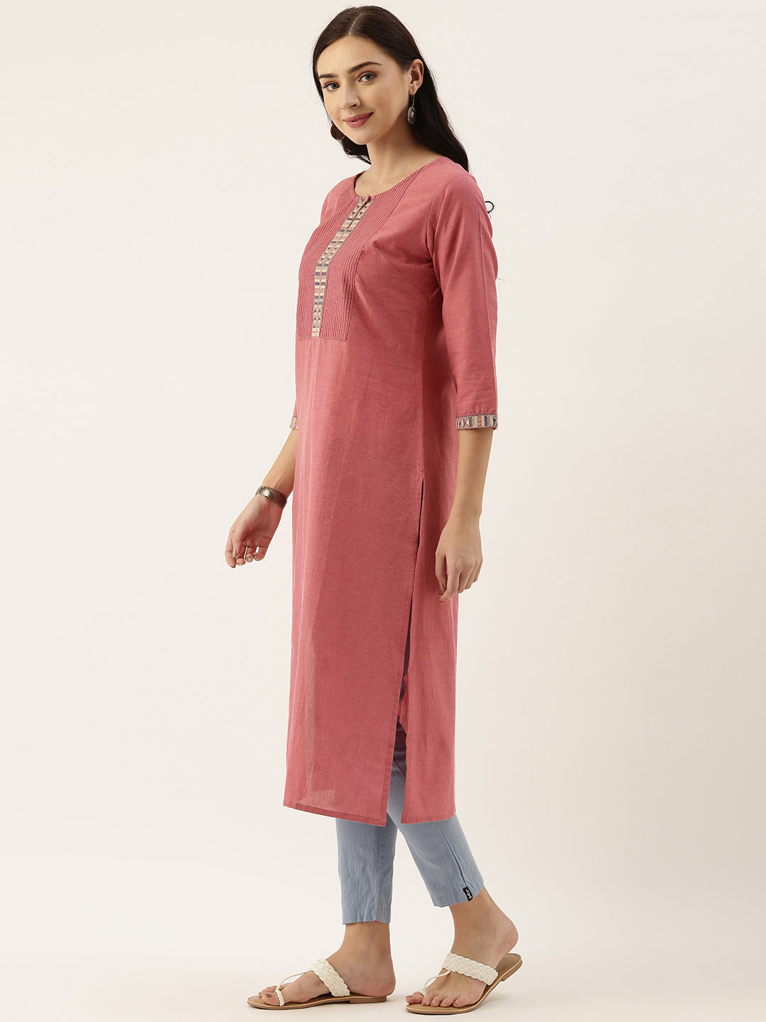 Pink Cotton Chambray Embroidery Kurta
