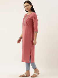 Pink Cotton Chambray Embroidery Kurta