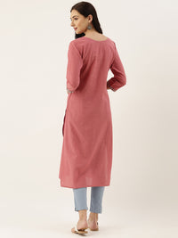 Pink Cotton Chambray Embroidery Kurta