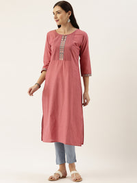 Pink Cotton Chambray Embroidery Kurta