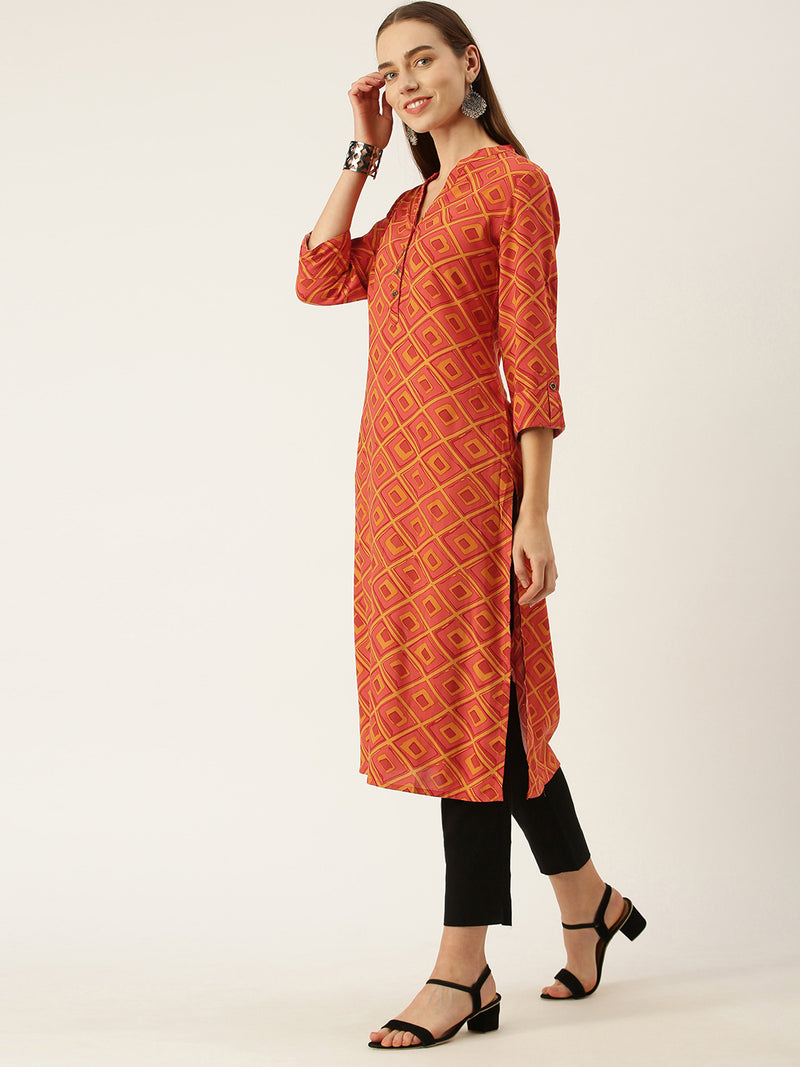 Orange Geometric Printed Kurta
