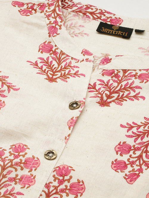 Beige  Pink Floral Printed  Kurta