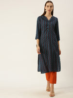 Blue Zig Zag Printed Striped Cut Kurta