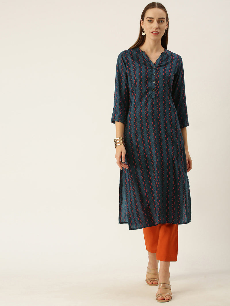Blue Zig Zag Printed Striped Cut Kurta
