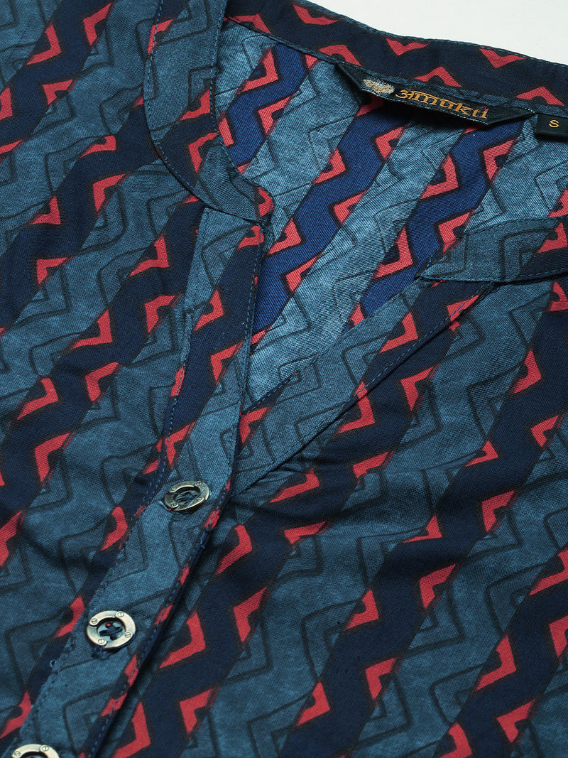 Blue Zig Zag Printed Striped Cut Kurta