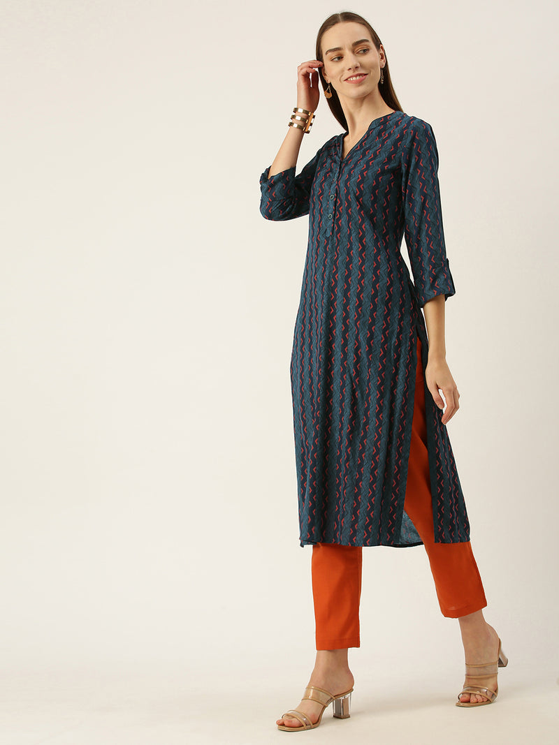 Blue Zig Zag Printed Striped Cut Kurta