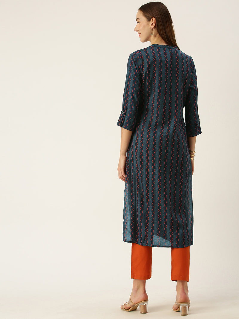 Blue Zig Zag Printed Striped Cut Kurta