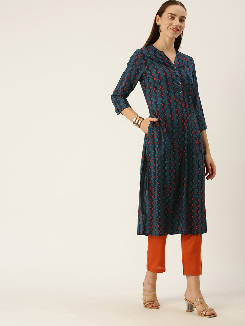 Blue Zig Zag Printed Striped Cut Kurta