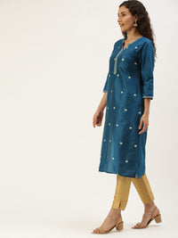 Blue Ethnic Motifs Embroidered Thread Work Kurta