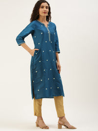 Blue Ethnic Motifs Embroidered Thread Work Kurta