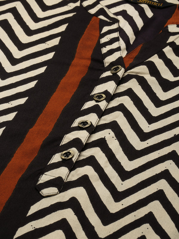 Beige & Black Zig Zag Printed Straight Cut Kurta