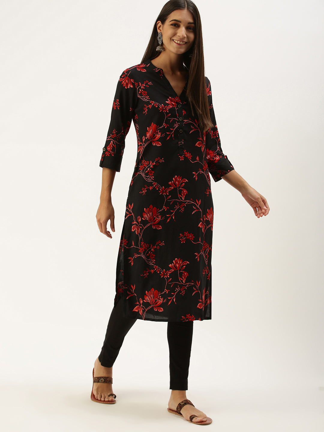 Black  Red Floral Printed Kurta