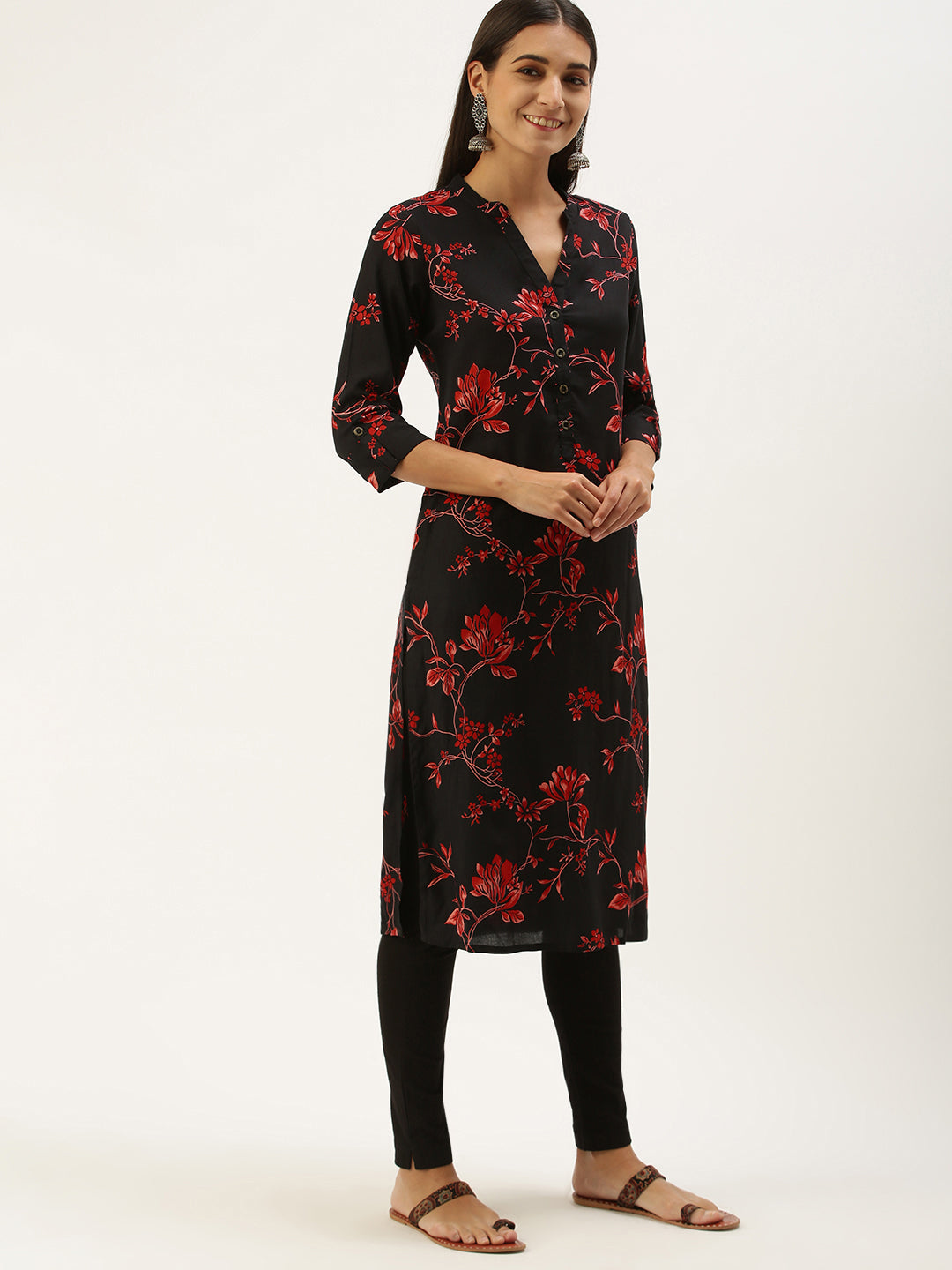 Black  Red Floral Printed Kurta