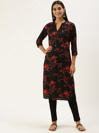 Black  Red Floral Printed Kurta