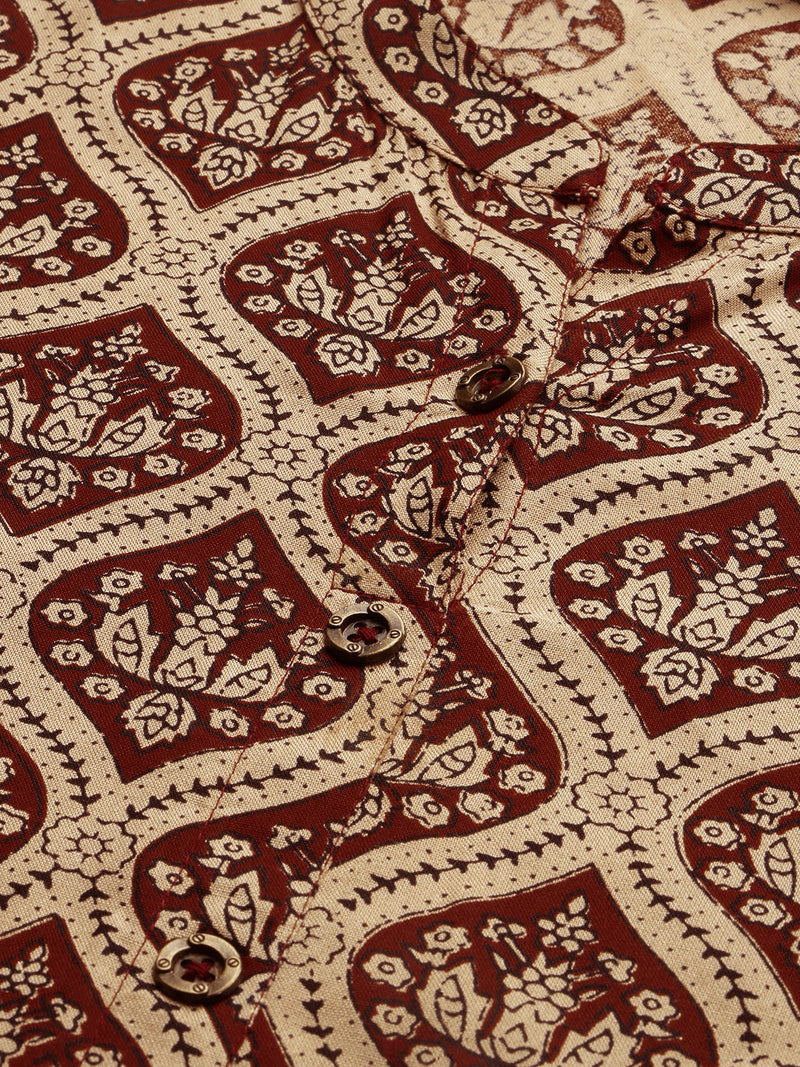 Beige  Maroon Bagru Printed Kurta