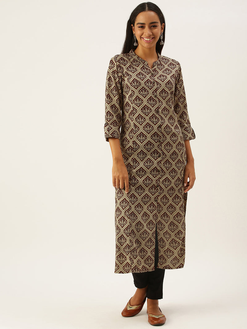 Beige  Maroon Bagru Printed Kurta