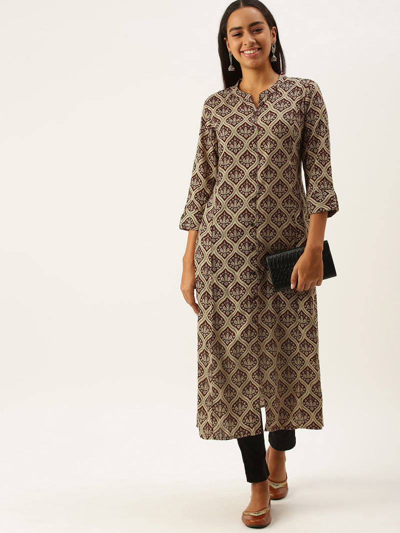 Beige  Maroon Bagru Printed Kurta