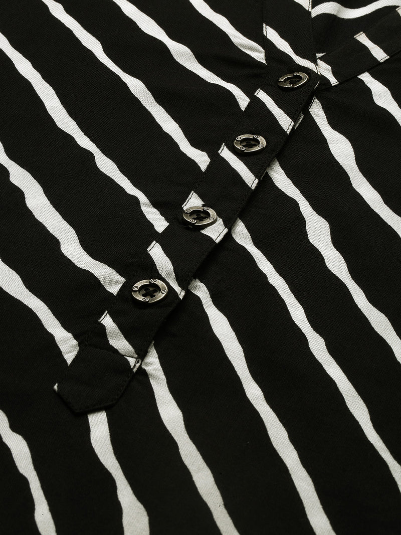Black  White Lehriya Striped Kurta